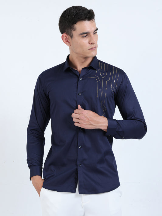 Navy Nights - Occasion Wear Embroidered Shirt- Blue